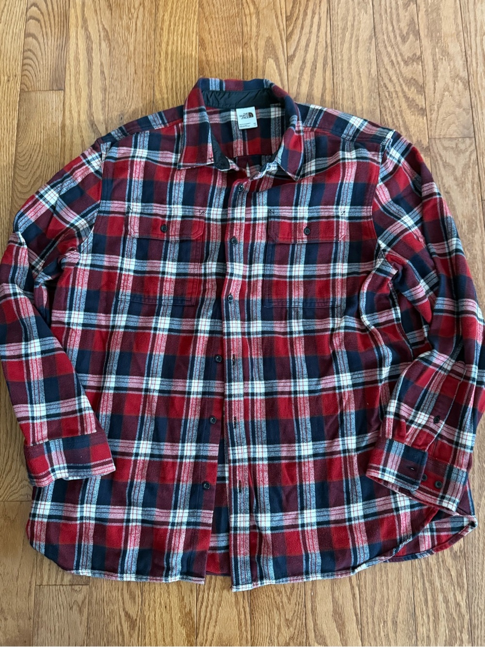 The North Face Men's Sz XXL Heavy Flannel Plaid Button-Up Shirt Red, White Blue